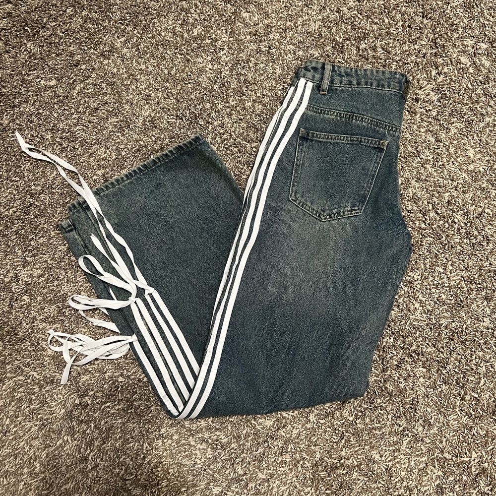 Edikted Navy Wide-Leg Jeans with White Side Stripes and ties for bows